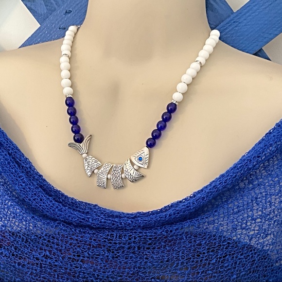 Silver Fish Necklace. Blue & White Glass Beads. Length can be Adjusted to Fit. - Picture 4 of 8